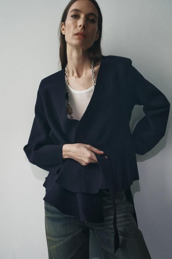 ZARA】ベルト付きニットショルダーパッドブレザー 9598/128