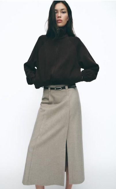 スペイン発送 ZARA ベルト付きミディスカート ベージュ 定番人気