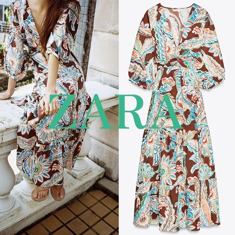 ZARA】プリント柄ノット付きポプリンワンピース 2584/185/087