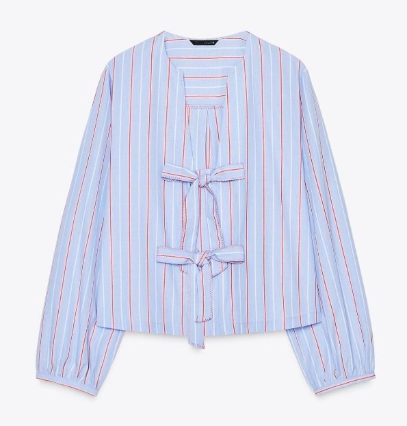 スペイン発送 ZARA リボン付きストライプポプリンシャツ 最新作