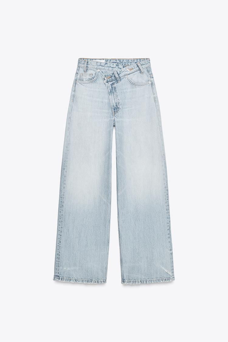 ZARA】TRF ハイウエストクロスオーバーワイドレッグジーンズ
