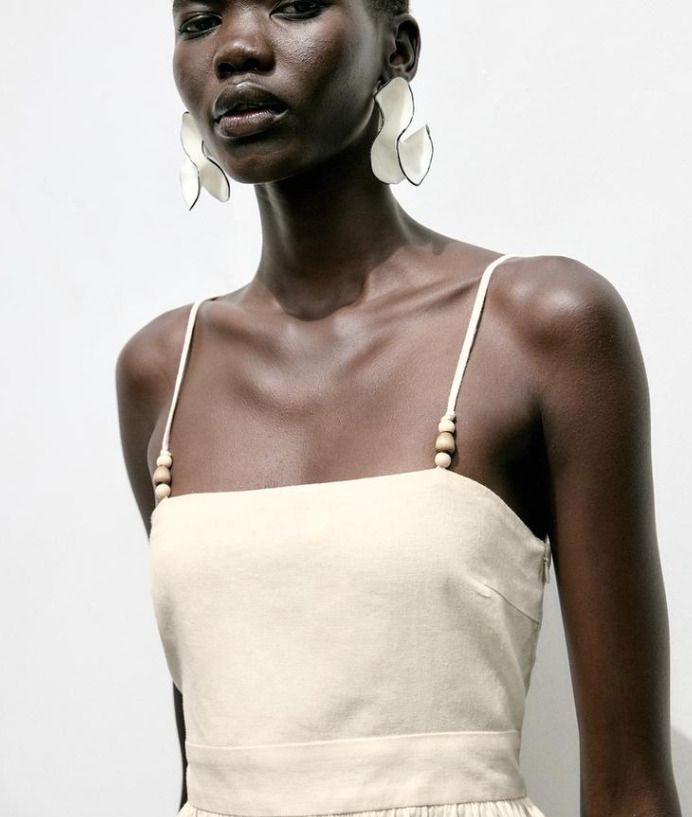 ZARA リネン ビーズストラップ付きミディ丈ワンピース 8372/099 スペイン ZARA リネンとビーズのストラップが付いたミディドレス
